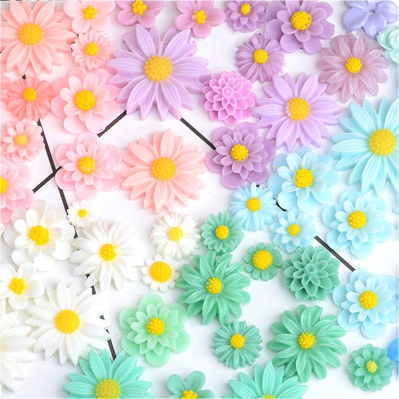 Zhiheng 44 Pack Flower Resin Charms Daisy Peony Resin Flatback Beads for Jewelry Making Scrapbooking Phone Case Decor Hair Accessories Fairy Garden Decor (Multi) - Image 1